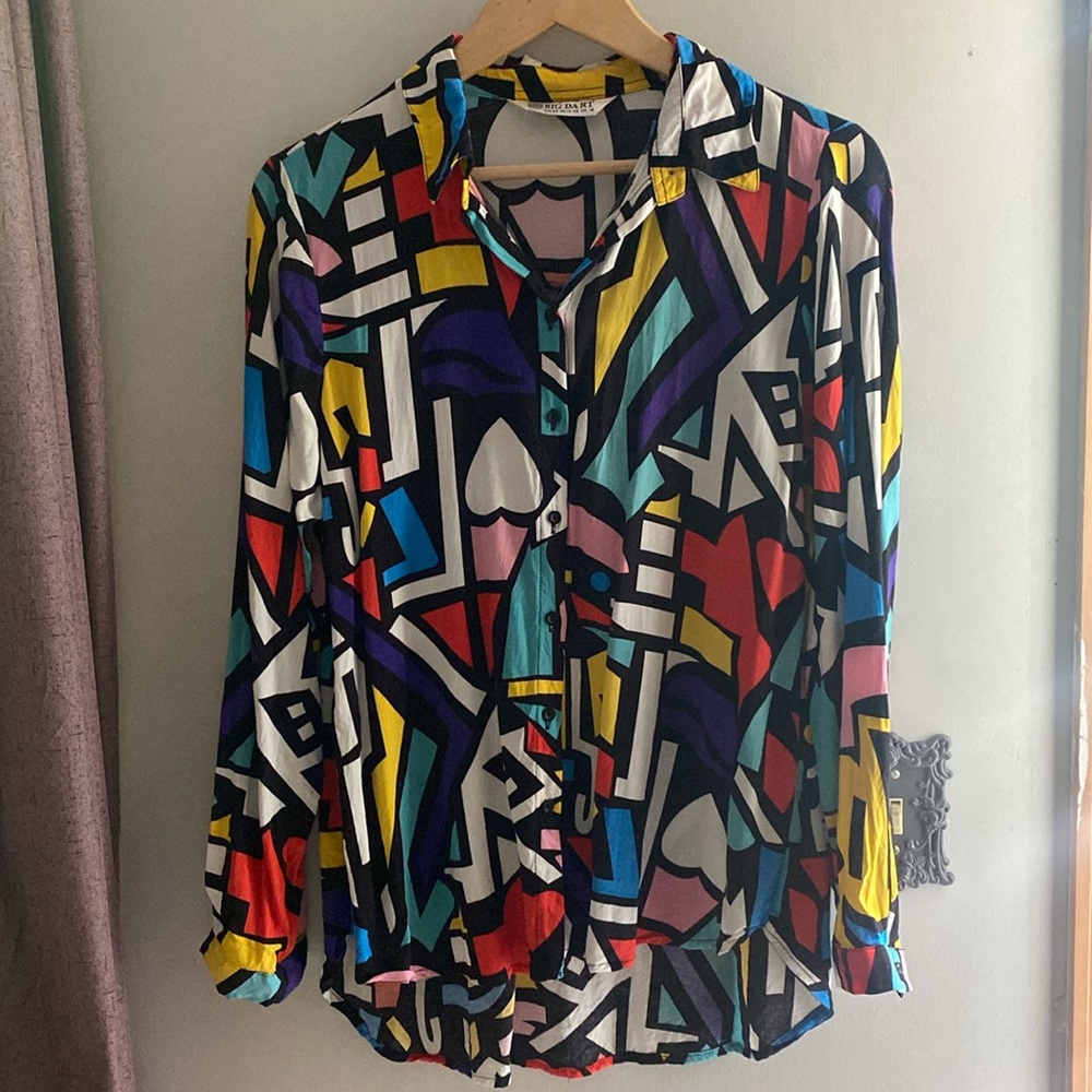 90’s style blouse, colorful, black buttons down the front and on the cuffs